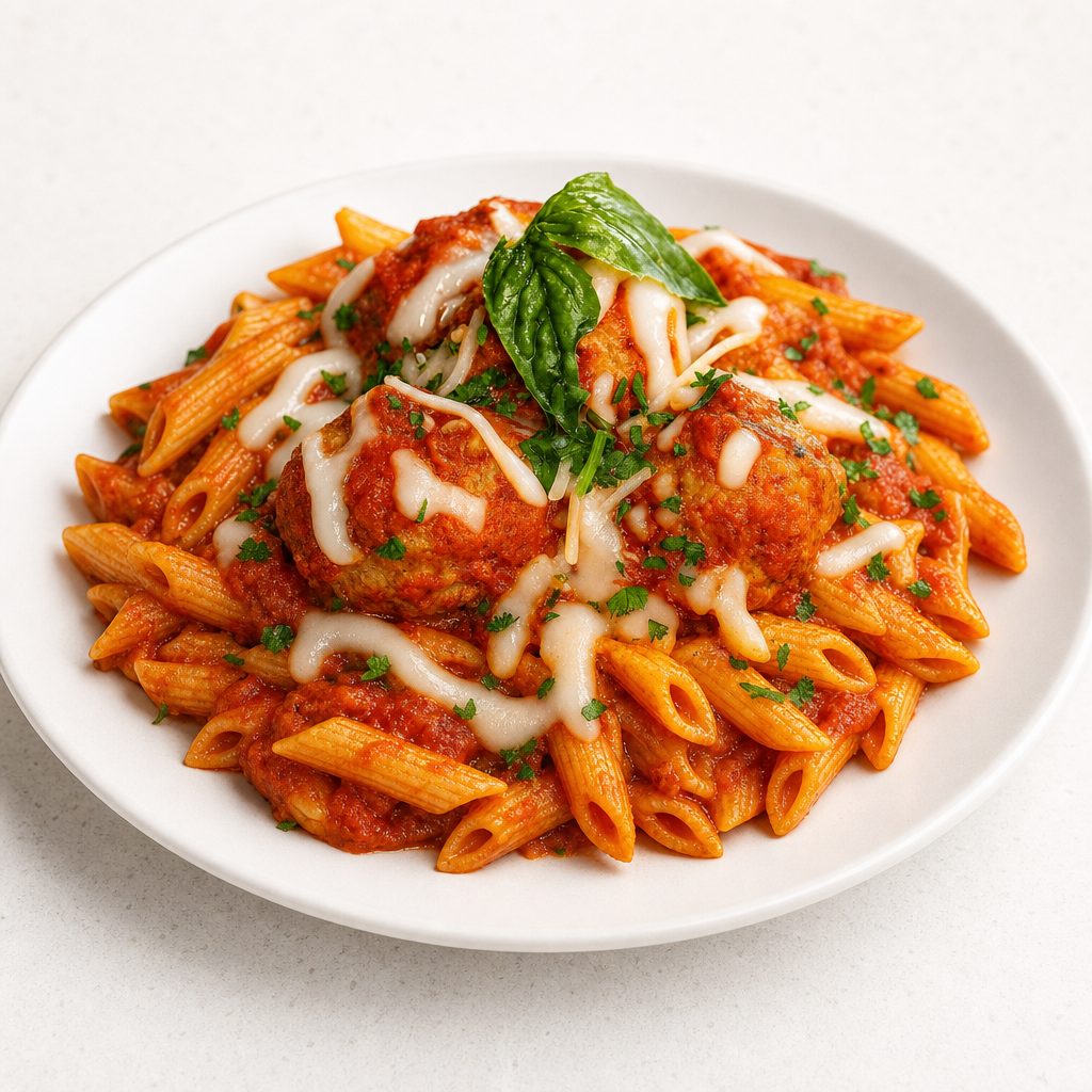 Penne with meatballs.