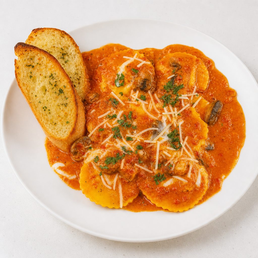 Jumbo cheese ravioli with roasted Red pepper cream sauce.