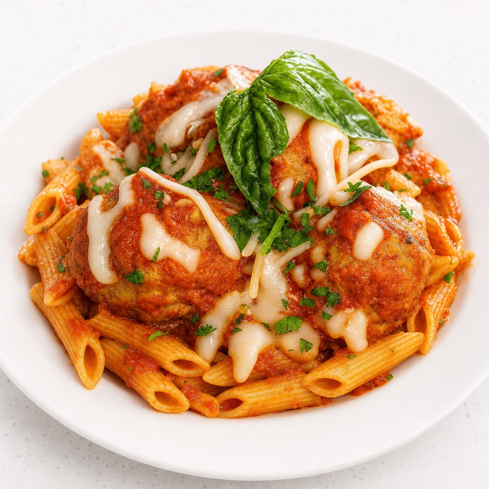 Penne pasta with meatballs.
