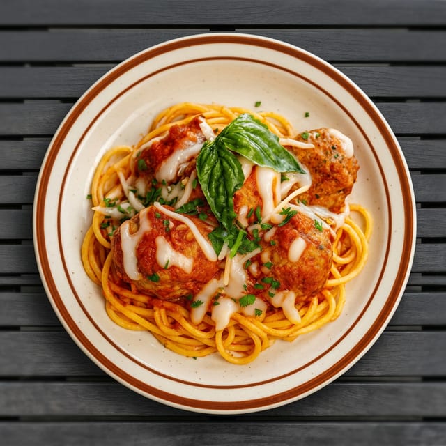Penne with meatballs.