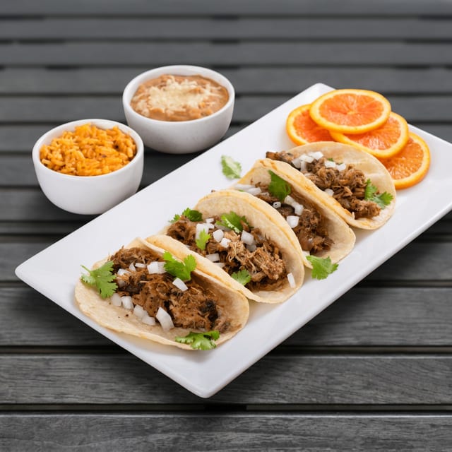 Pork carnitas taco plate.