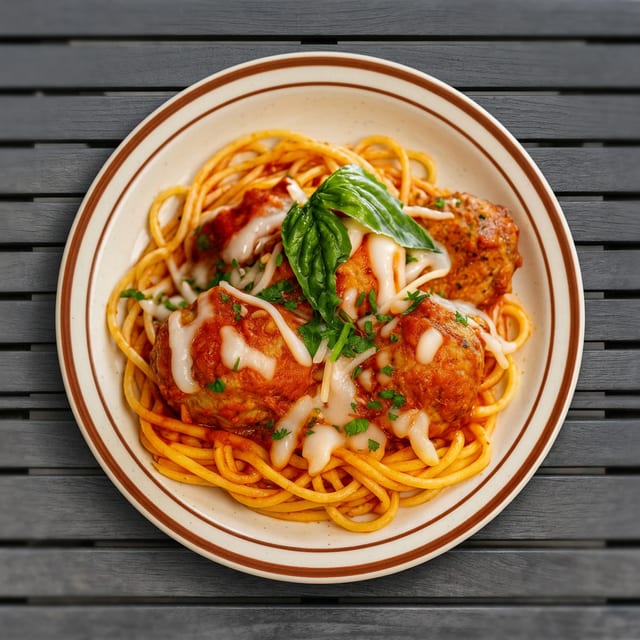 Penne pasta with meatballs.